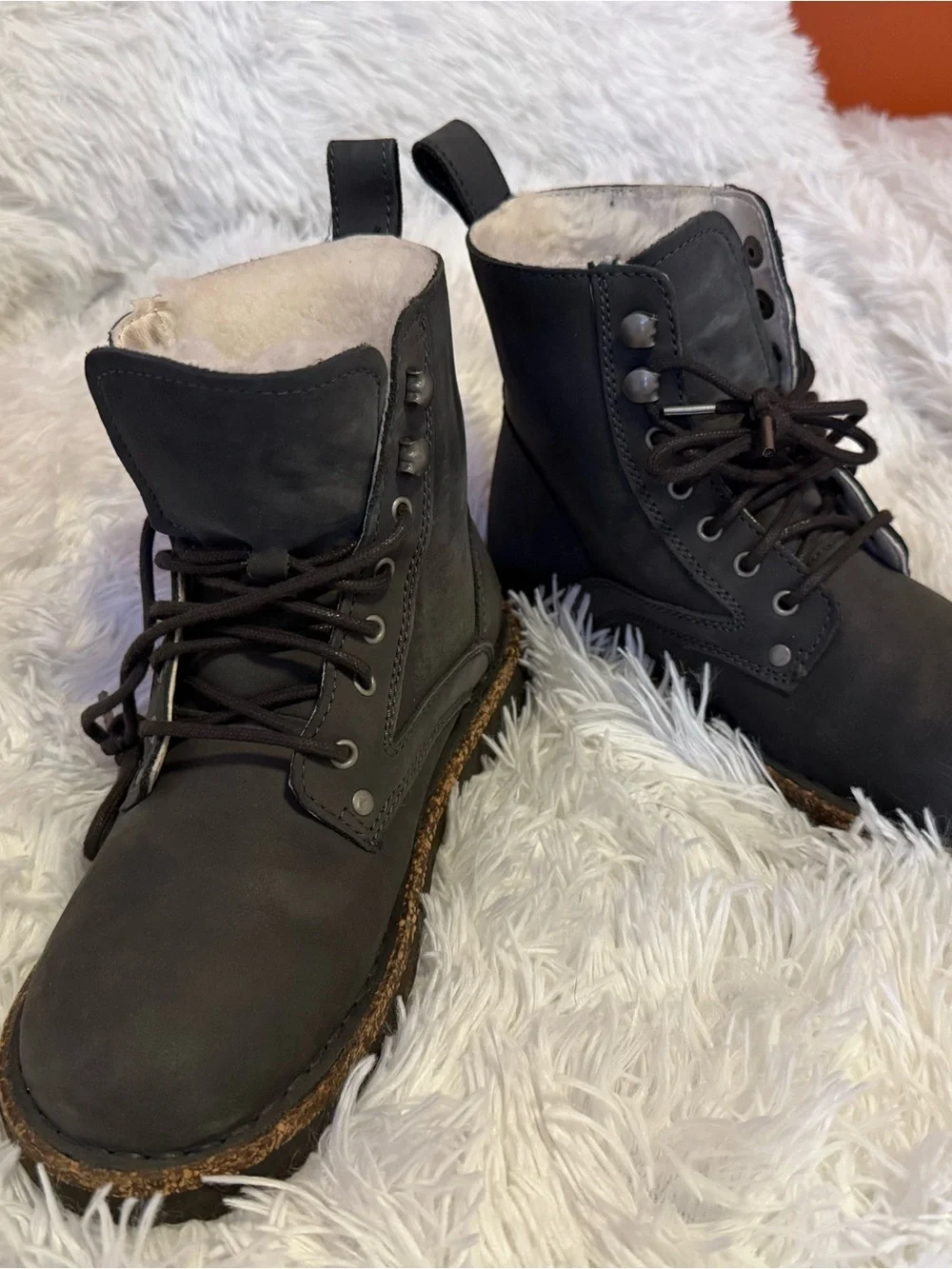 NWOT Women Birkenstock gray Shearling-Lined Lace-Up Boots